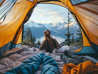Girl in Tent Captivated by Majestic Mountain and Lake View During Camping Adventure