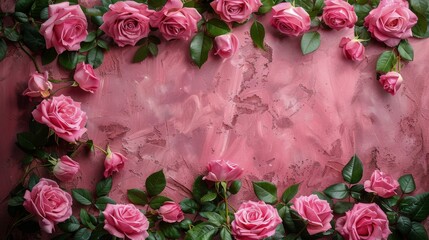 Pink Roses Arranged on Pink Wall