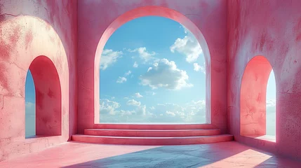 Zelfklevend Fotobehang 3d Render, Abstract Surreal pastel landscape background with arches and podium for showing product, panoramic view, Colorful dune scene with copy space, blue sky and cloudy, Minimalist decor design © Jennifer