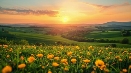 Sun Setting Over Field of Flowers