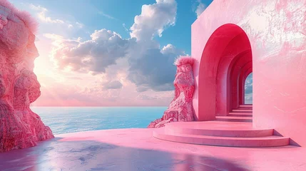 Zelfklevend Fotobehang 3d Render, Abstract Surreal pastel landscape background with arches and podium for showing product, panoramic view, Colorful dune scene with copy space, blue sky and cloudy, Minimalist decor design © Jennifer