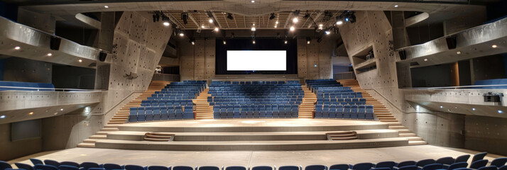 A large theater with many seats and blank white screen screen, empty theater , empty  auditorium , empty Congress Palace, banner 