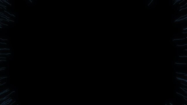 Blue tracks of particles flying from a rectangular center on a black background. Abstract logo animation.