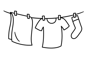 Laundry drying on washing line doodle icon