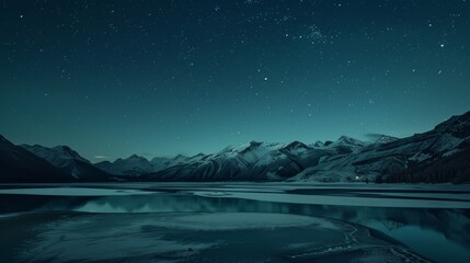 snow-capped mountains and frozen lakes under a clear, starry night sky