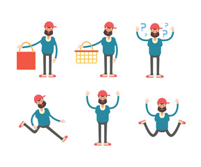 beard man characters set in various poses vector illustration