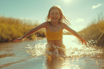 A little girl jumping into the water by a sunny day