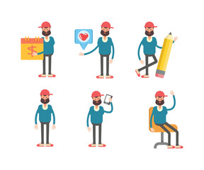 beard man characters set in various poses vector illustration