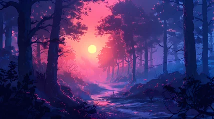 Foto op Canvas Digital art of a mystical forest bathed in the purple and pink hues of sunset, with a path leading into the unknown. © Chomphu