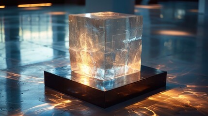 An artistic ice cube sculpture bathed in warm light, creating reflections on a sleek surface,...