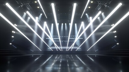 Concert stage illuminated by stunning lights. Focus on the intricate play of lights, creating a captivating and dynamic visual display. 