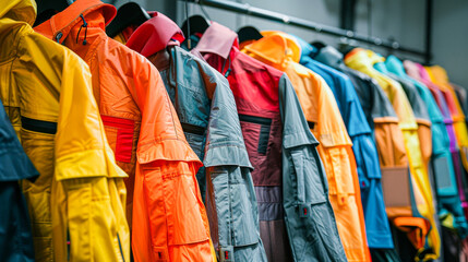 A rack of colorful jackets with a rainbow of colors. The jackets are hanging on a rack and are of various sizes