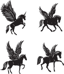 set of black and white silhouettes of horse draw