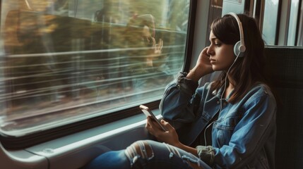 Woman sitting by window on moving train wearing earphones looking out of window 