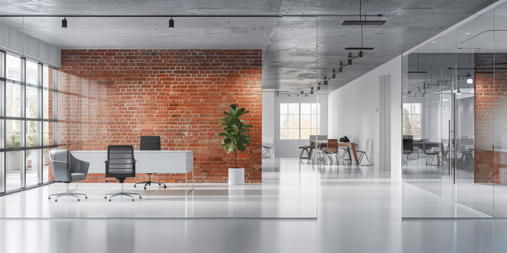 Fototapeta A modern office space with glass walls and white floors, featuring brick wall accents, a desk setup with chairs