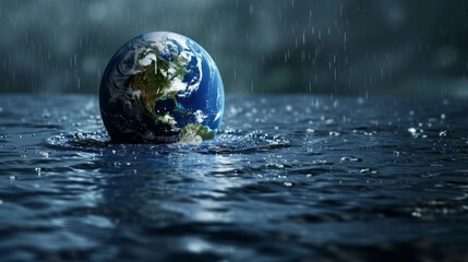 Planet Earth surrounded by water. Water saving and global environmental concept. Copy space
