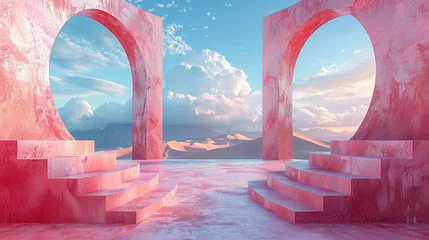 Cercles muraux Rose clair 3d Render, Abstract Surreal pastel landscape background with arches and podium for showing product, panoramic view, Colorful dune scene with copy space, blue sky and cloudy, Minimalist decor design