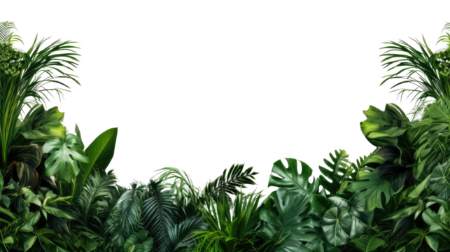 Tropical leaves foliage plant bush floral border isolated on clear png background and transparent background. Fresh and nature concept for nature decorative and flower element, AI generative.	