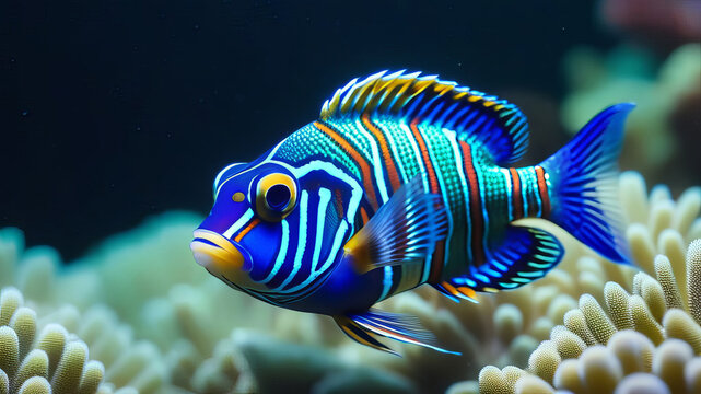 Exotic blue and orange fish in an aquarium, Synchiropus splendidus, mandarinfish in a tank with coral