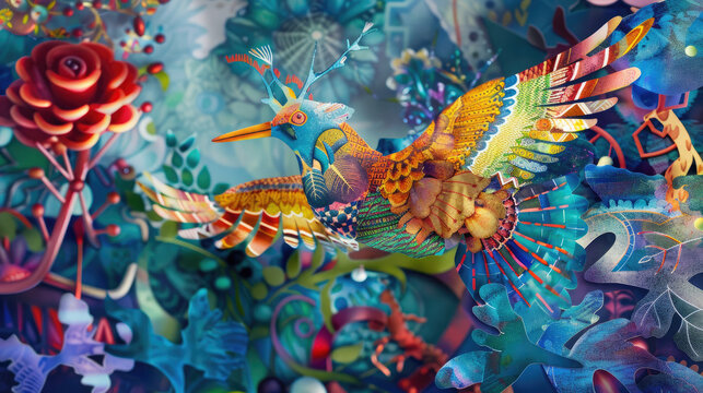 Imagining a joyful colorful world filled with whimsical creatures and vibrant patterns