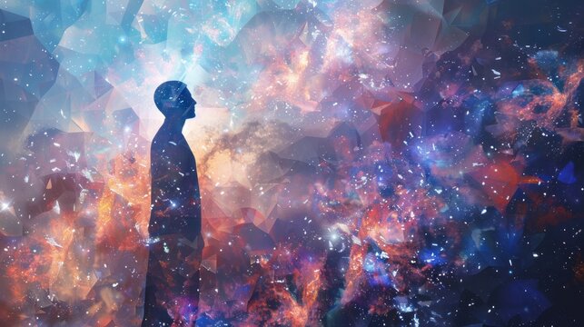 Polygonal figure of a man against the backdrop of the universe. A mystical journey through the universe. The state of meditation Surreal 3D painting. Transpersonal art