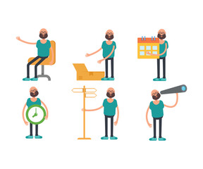 bald man character in different poses set vector illustration
