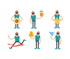 bald man character in different poses set vector illustration