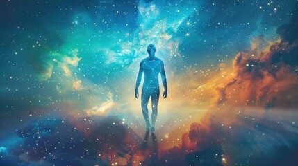 Polygonal figure of a man against the backdrop of the universe. A mystical journey through the universe. The state of meditation Surreal 3D painting. Transpersonal art