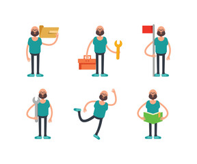 bald man character in different poses set vector illustration