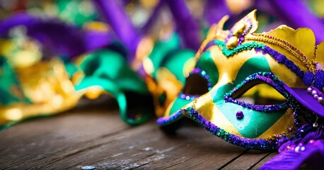 A collection of Mardi Gras masks in vibrant purple, green, and gold resting on a wooden surface, suggesting themes of festivity and anonymity.
