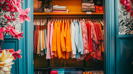 A closet full of clothes with a pink floral wallpaper behind it. The clothes are organized by color and style