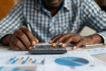 man working on a financial report, a financial report closeup, a man doing financial counting, financial businessman, finance report, a man with financial report and calculator