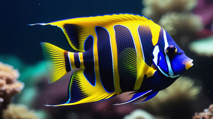 Fototapeta na wymiar Queen angelfish (Holacanthus ciliaris), also known as the blue angelfish, golden angelfish or yellow angelfish underwater in sea with corals in background. Isolated closeup