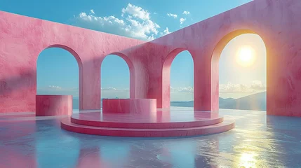 Abwaschbare Fototapete 3d Render, Abstract Surreal pastel landscape background with arches and podium for showing product, panoramic view, Colorful dune scene with copy space, blue sky and cloudy, Minimalist decor design © Jennifer