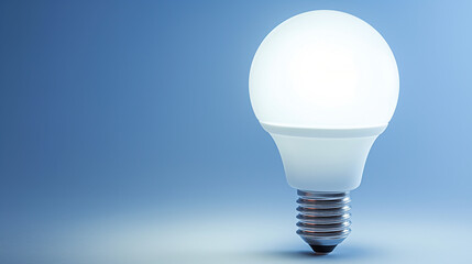 Glowing LED Light Bulb on Pastel Blue Background - Concept of Climate Ecology