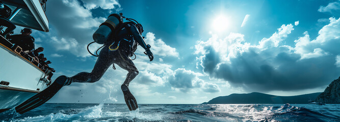 A diver in a black diving suit jump from a boat's bow