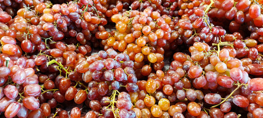 banner of fresh ripe grapes lying on a market showcase, fruit texture or background