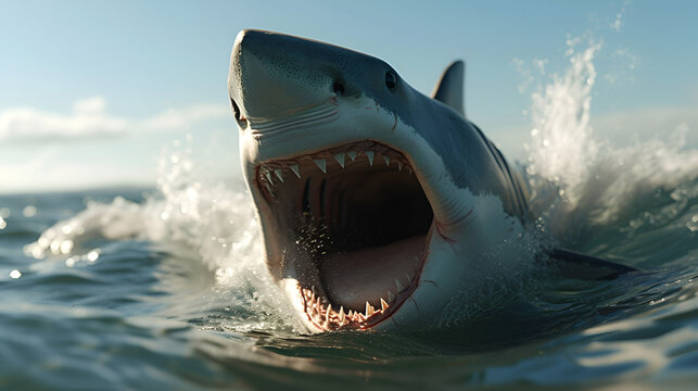White shark marine predator with big open mouth and teeth. generative ai 