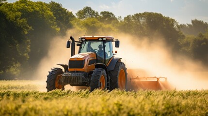 Obraz premium Large orange tractor sweeping a field 