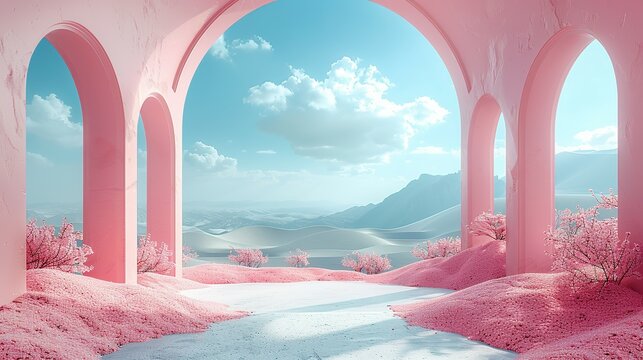 3d Render, Abstract Surreal pastel landscape background with arches and podium for showing product, panoramic view, Colorful dune scene with copy space, blue sky and cloudy, Minimalist decor design