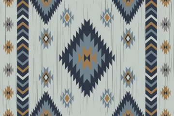 Fotobehang Patterns of ethnic fabrics, blue, sky blue, yellow, white, geometric designs for textiles and clothing, blankets, rugs, covers, vector illustration. © subin