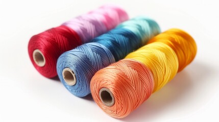 Color sewing threads on white background, top view