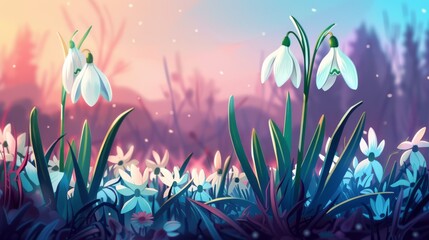 Snowdrop grow in a field in a clearing. The first beautiful flowers bloom in spring. Nature background. Illustration for cover, card, postcard, interior design, decor or print