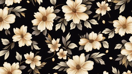 a seamless pattern of flower with leaves on a black background - obrazy, fototapety, plakaty