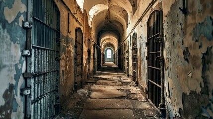 Obraz premium a corridor inside a medieval prison