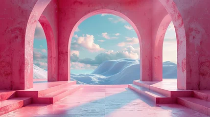 Rolgordijnen 3d Render, Abstract Surreal pastel landscape background with arches and podium for showing product, panoramic view, Colorful dune scene with copy space, blue sky and cloudy, Minimalist decor design © Jennifer