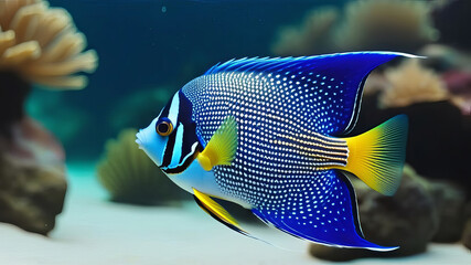 Queen angelfish (Holacanthus ciliaris), also known as the blue angelfish, golden angelfish or yellow angelfish underwater in sea with corals in background. Isolated closeup - obrazy, fototapety, plakaty