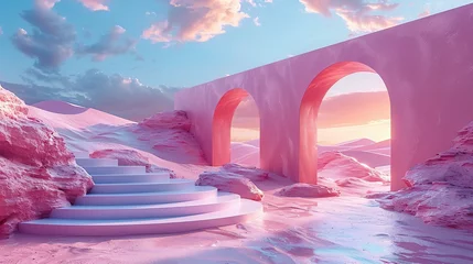 Deurstickers 3d Render, Abstract Surreal pastel landscape background with arches and podium for showing product, panoramic view, Colorful dune scene with copy space, blue sky and cloudy, Minimalist decor design © Jennifer