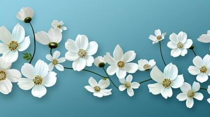 a white and green flowers on a blue background