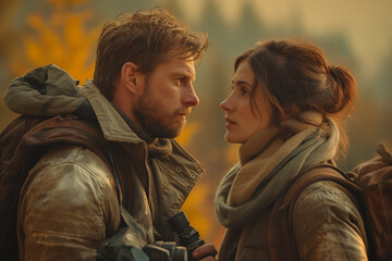 A man and a woman look at each other. The man has a beard and is wearing a brown jacket with a hood. The woman has brown hair and is wearing a beige scarf. There are yellow trees in the background
